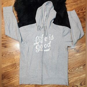 Life is Good Relaxed Fit Gray Zip-up Hoodie With White Logo Size L